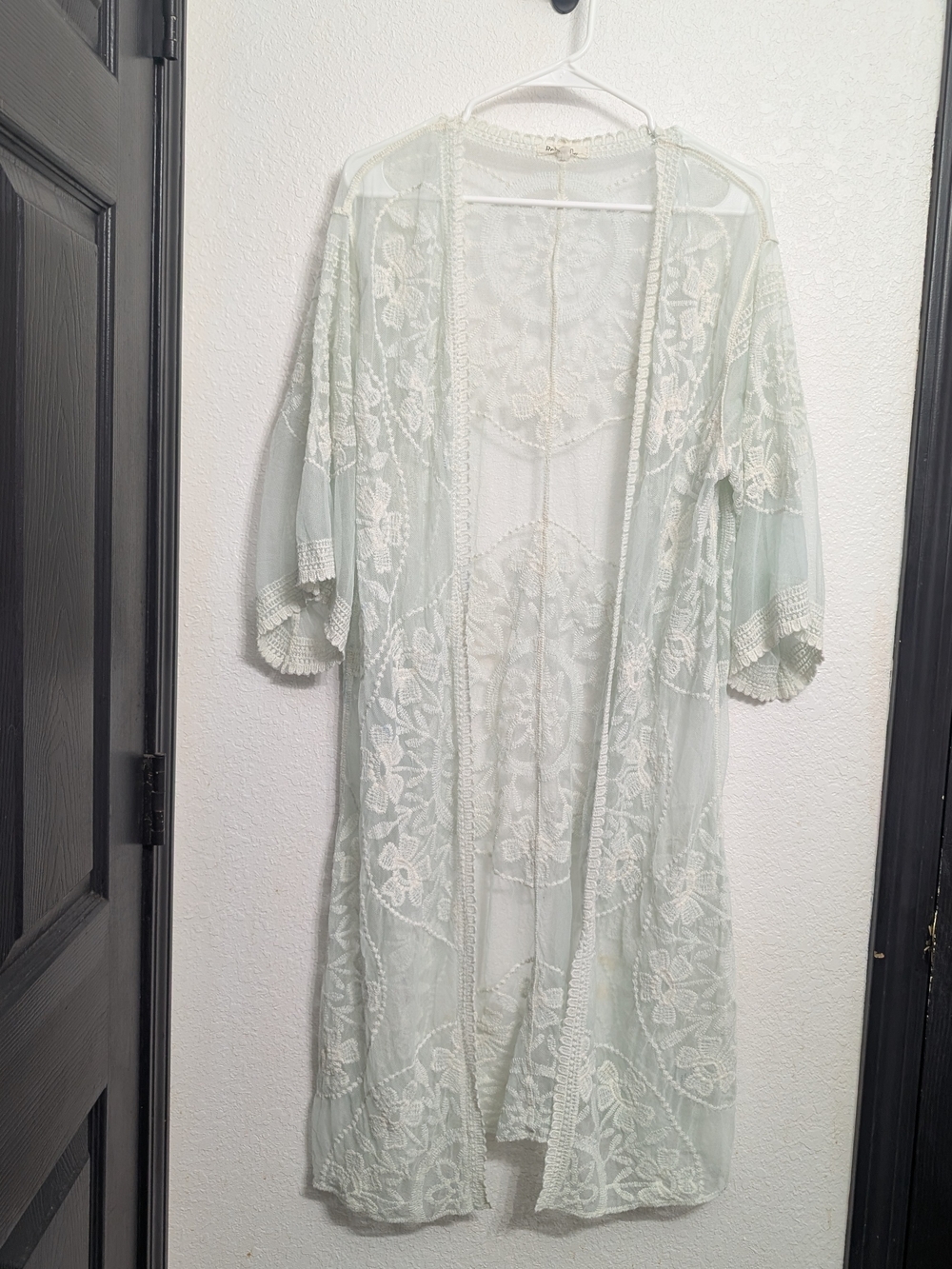 Sheer Lace Kimono Robe in Pale Mint - Lightweight Layering Festival Size S-L